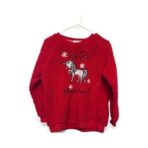 Poof! Festive Sequined Unicorn “Winter Wonderland” Red Christmas Sweater Small
